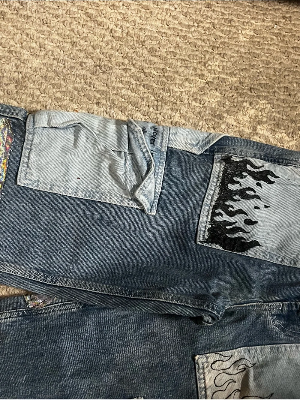 Light Blue Women’s Patchwork Flame Jeans - Picture 2 of 4